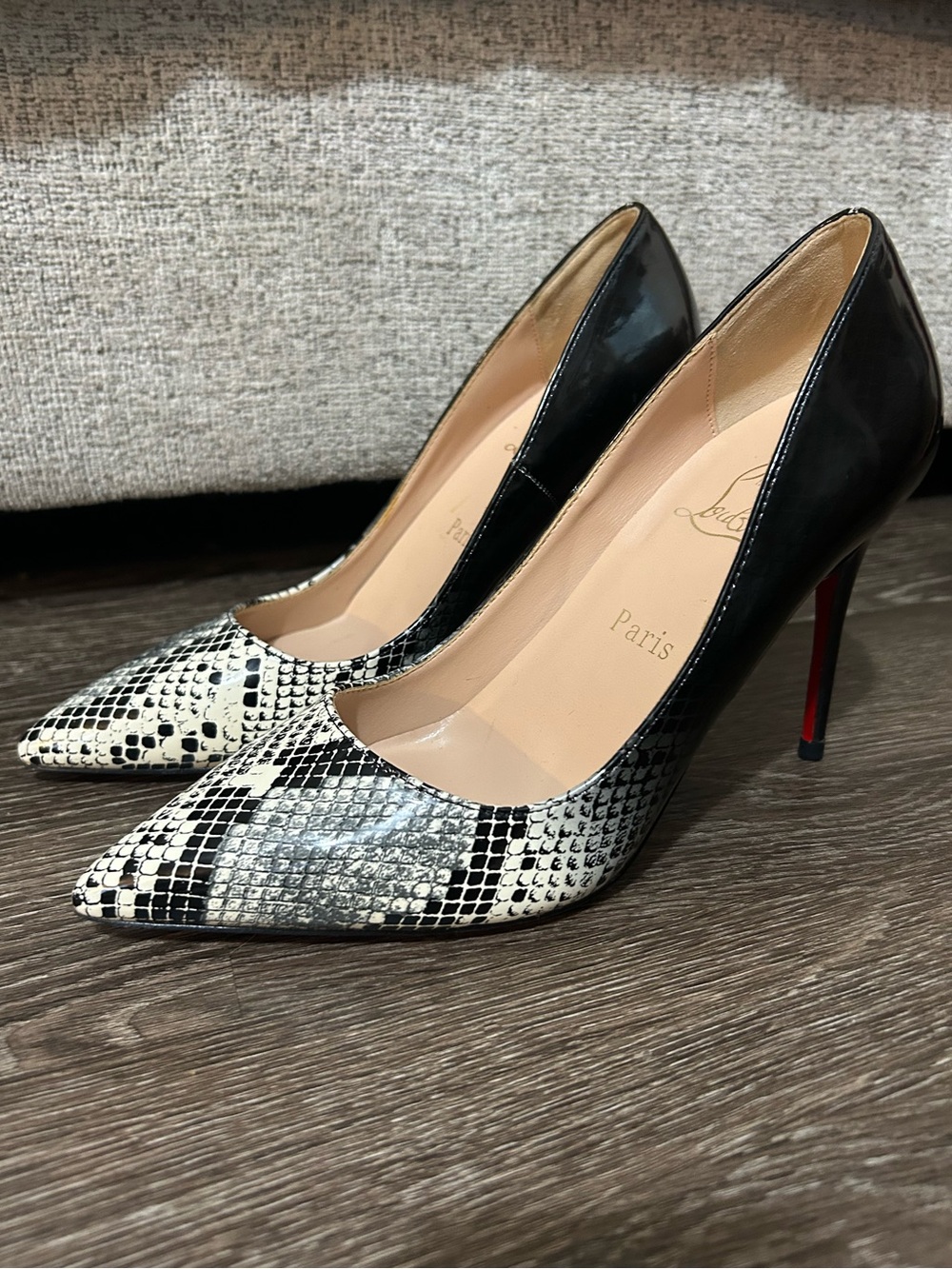 Christian Louboutin Pigalle Follies 100 Patent Snake Pumps Heels US 8 Degrade 38
